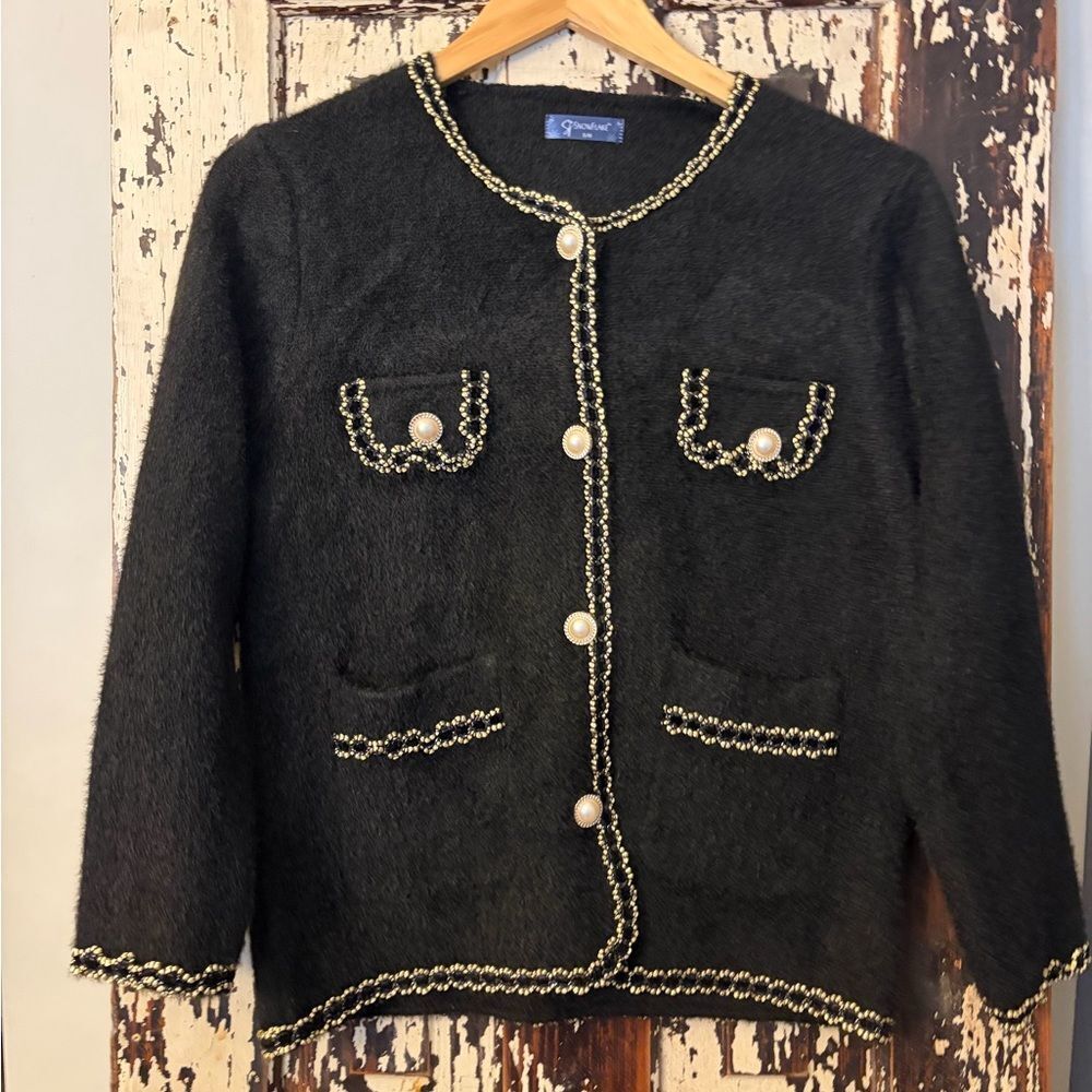 Snowflake Black and Gold Women's beaded w beautiful buttons sweater Jacket. S/M